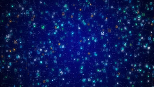 Colorful Glowing Digital File Icons Flying in Cyberspace, Big Data Transfer and Cloud Network Background Loop 4K