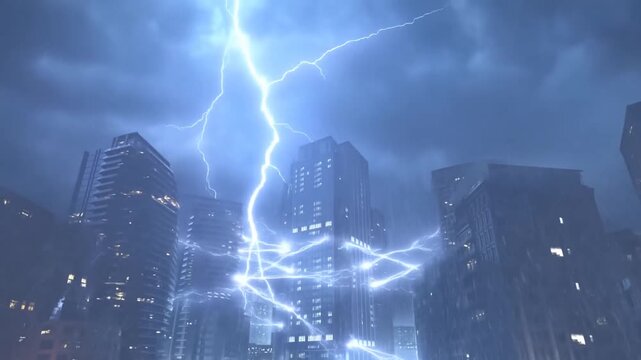 Tracking shot of city skyline with lightning striking skyscrapers during heavy rain on downtown avenue