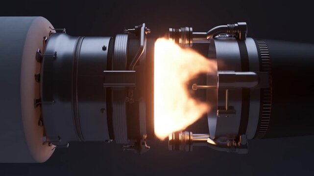 Slow motion static shot of rocket engine igniting and firing between stage connectors in dark test bay hangar