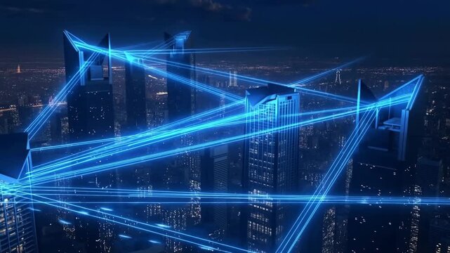 Aerial tracking shot of glowing blue data streams crisscrossing between skyscraper rooftops in nighttime city skyline