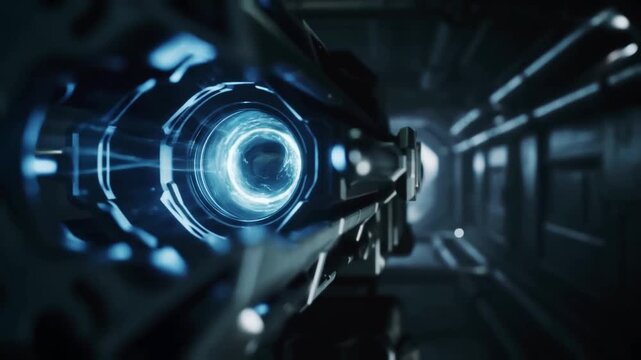 Tracking shot of futuristic energy weapon approaching inside dim industrial corridor