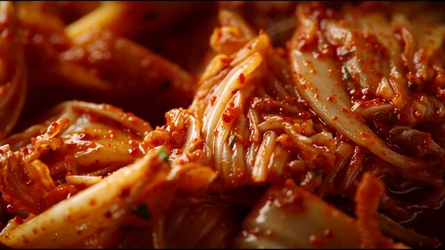 Close-up of vibrant, spicy, and authentic Korean kimchi, a traditional fermented cabbage dish, showcasing its rich texture and appetizing red color, ready to be enjoyed