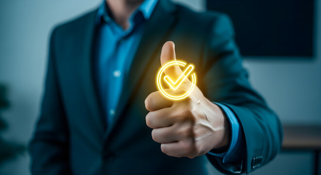 Successful Businessman Giving Thumbs Up with Glowing Checkmark Icon for Quality Assurance and Customer Satisfaction.