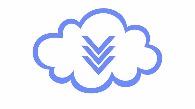 High-speed cloud download icon with triple blue chevron arrows in a cartoon animation. Cloud computing outline for data retrieval symbol in the alpha channel.