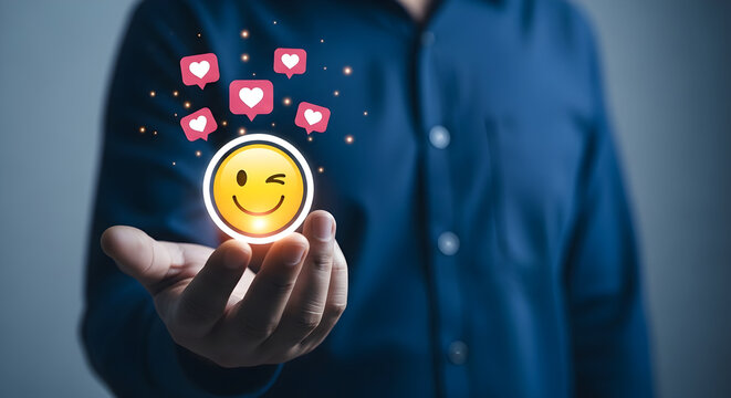 Positive Social Media Engagement with Hand Holding a Winking Smiley Face and Heart Icons for Customer Feedback and Digital Marketing Concepts.