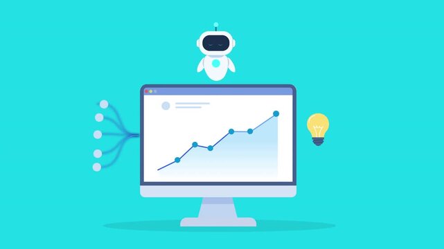Animation of AI analytics dashboard with rising chart on monitor and light bulb icon, representing data analysis, innovation, and business insights in a clean modern interface.