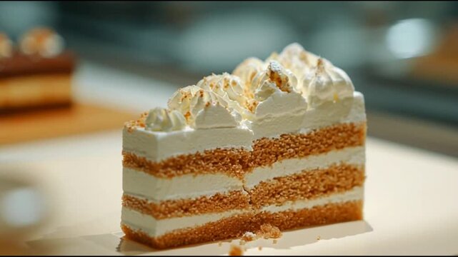 A delicious slice of layered cake, showcasing its creamy frosting and delicate crumb, ready to be savored