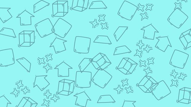 Abstract geometric house icons scattered across cyan background video loop.