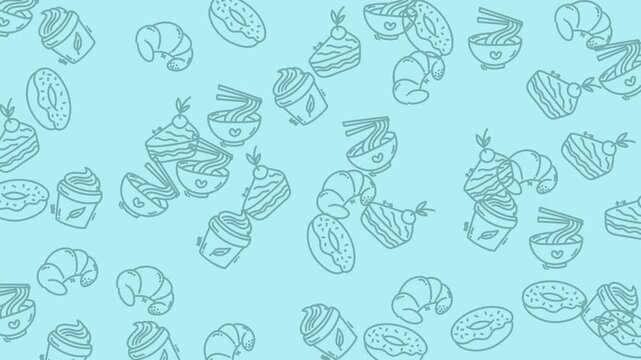 A playful motion background featuring a variety of hand-drawn food icons like donuts, ramen, and croissants moving across a light blue field.