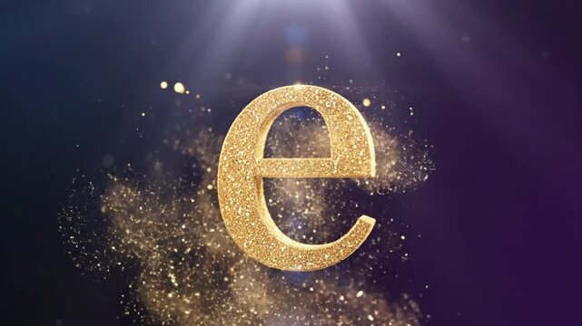 Luxurious 3D golden lowercase letter e elegantly sparkles on dark purple background with shimmering particles