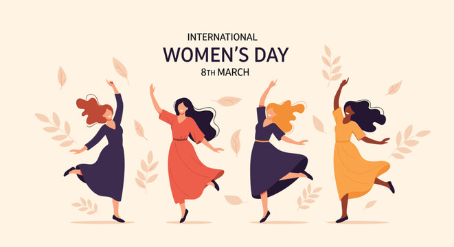Vibrant illustration of diverse women dancing among falling leaves to celebrate International Women's Day on March eighth.