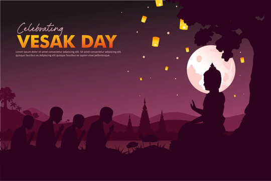 Peaceful Scene of Teaching Buddha Illustration for  Vesak Day 2026. Calm Buddhist Prayer Scene with Buddha and Lanterns. Best for Vesak, Zen Designs,Buddhist Events and Celebrations. 
