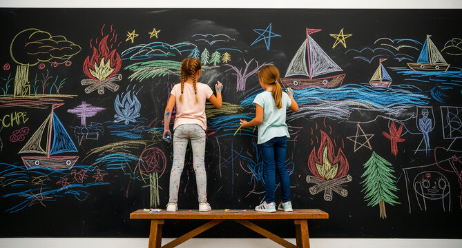 Two young girls drawing with colorful chalk on a large blackboard. Children standing on a bench creating a mural of boats and nature. Creativity, childhood art, and school classroom concept.