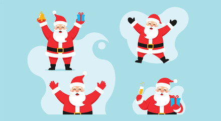 Fototapeta premium Set of four cheerful Santa Claus characters in various festive poses holding gifts, a bell, and a glass of champagne.