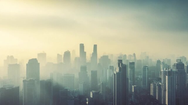 Urban Silhouette in Haze: A breathtaking panorama of a modern cityscape, shrouded in a soft atmospheric haze, evokes a sense of mystery and grandeur.