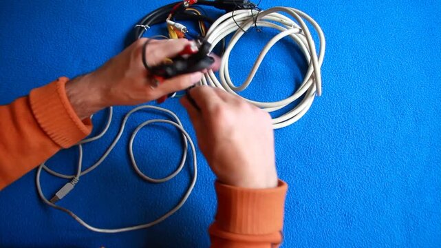 Recoger, enrollar y atar cables y conectores atados con abrazadera y brida ordenados para almacenar y guardar