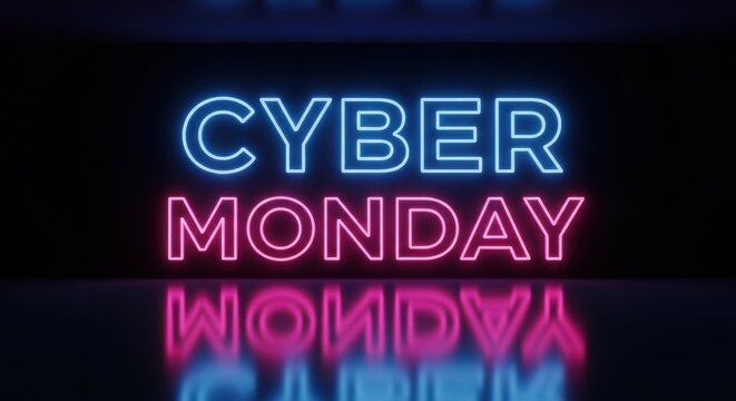 Neon cyber monday sign glowing on dark reflective surface with e commerce