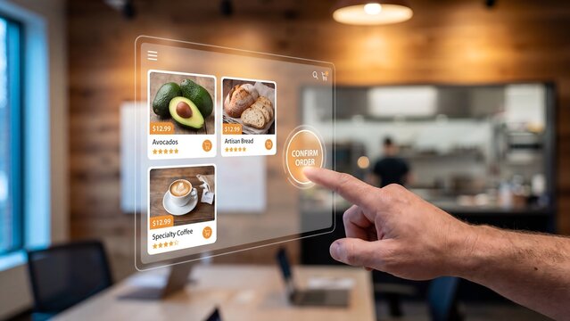 Hand interacting with a futuristic digital menu displaying food and drink options for ordering, showcasing modern technology in a restaurant setting