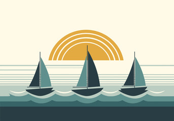 Minimalist Mid-Century Modern Sailboat Illustration, Retro Geometric Sea Sunset Art with Three Sailing Ships on Ocean Waves © iwan