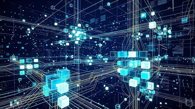 Digital network of glowing cubes emphasizing advanced technology and cybersecurity