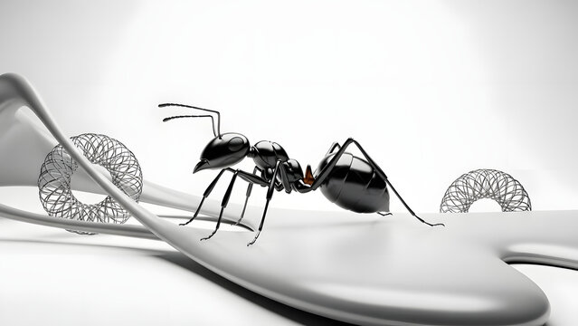 Metallic ant crawling across abstract design with futuristic orbs