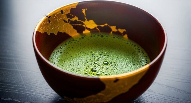 Matcha tea served in a traditional ceramic Kintsugi bowl. Golden lacquer repairs emphasize the wabi-sabi aesthetic of imperfection and beauty. Zen tea ceremony concept for wellness marketing.