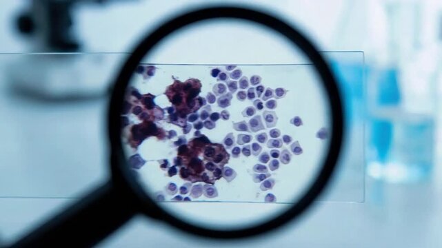 Magnifying glass observing malignant carcinoma tumor cell proliferation on a microscope slide, revealing cellular growth, disease mutation crucial for oncology research, diagnosis.