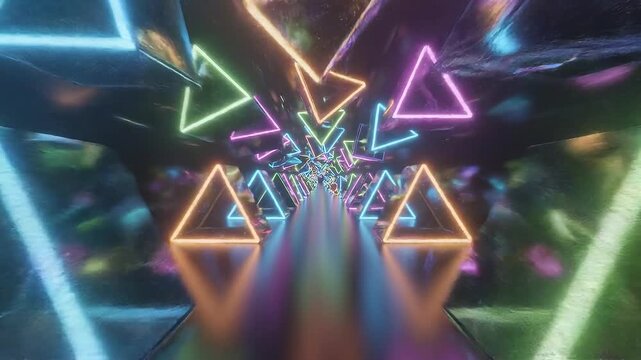Infinite Tunnel of Glowing Neon Triangles in Electric Blue Pink and Yellow Hues light