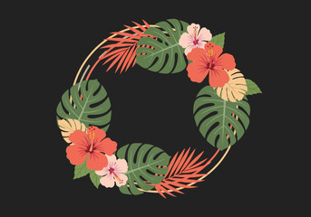 Tropical Floral Wreath Frame with Red Hibiscus Flowers and Monstera Leaves on Dark Background, Exotic Summer Illustration for Invitation and Greeting Card © iwan