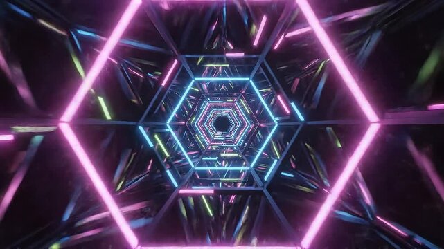 Geometric Neon Tunnel with Hexagonal Structure and Blue Pink Yellow Lights