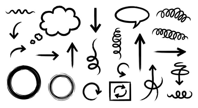 Collection of hand-drawn arrow and shape icons in black and white, perfect for presentations and design projects