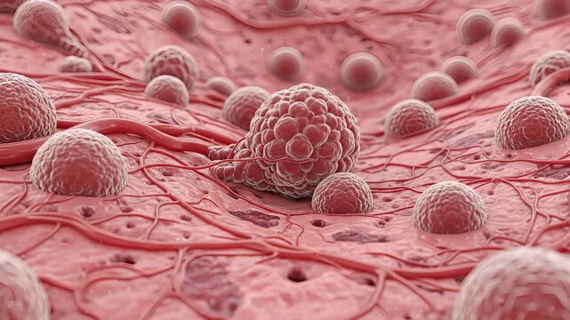 Cancer tumor cell malignant proliferation, aggressive growth within biological tissue, microscopic view showing disease mutation and cellular invasion