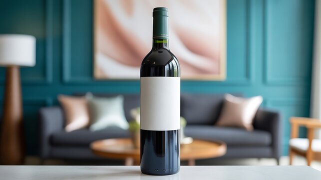 Red wine bottle with blank label on table in modern living room interior for branding and product display