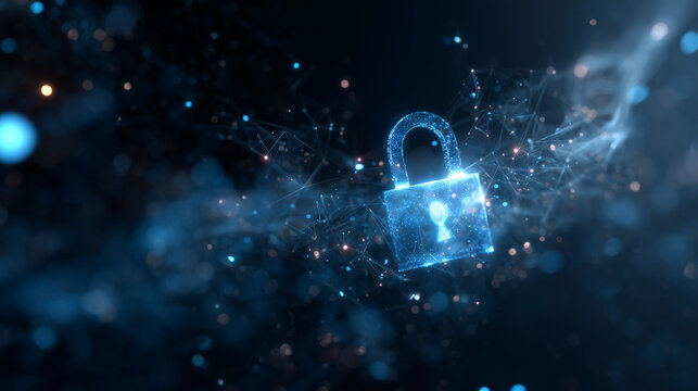 Abstract Digital Cybersecurity Concept with Glowing Padlock and Binary Code Network on Dark Blue Background
