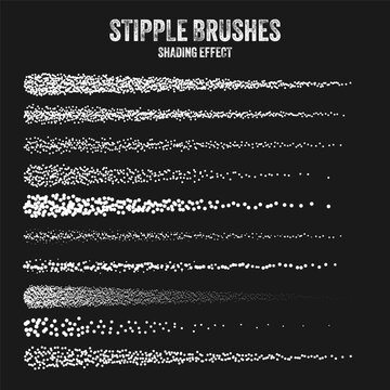 Ink scatter brush, stipple drawing and texturing. Fading gradient. Stippling, dotwork drawing, shading using dots. Halftone disintegration effect. White noise grainy texture. Vector illustration