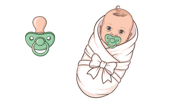 Adorable newborn baby wrapped in a soft white swaddle blanket with a large bow next to a green pacifier icon on white.