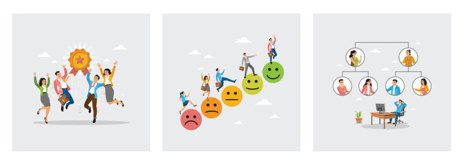 Fototapeta premium Celebration Around Medal Award. Climbing Colorful Emoji Steps. Hierarchy Diagram With Office Worker.