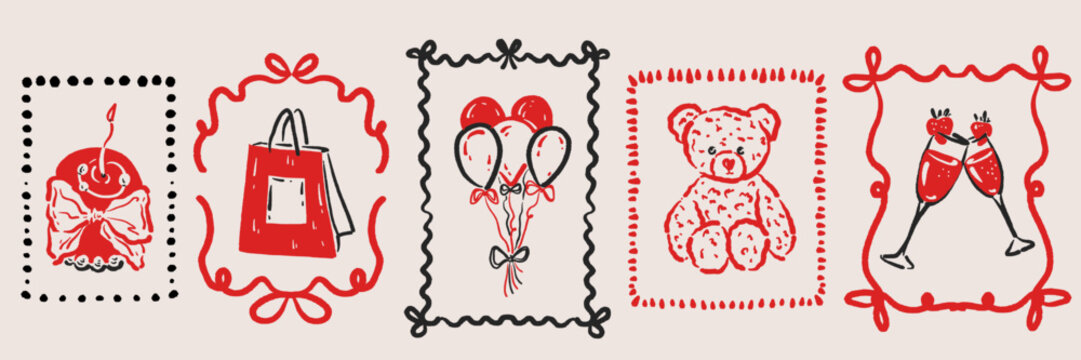 Celebration postage stamps with teddy bear and balloons in doodle sketch style. Hand drawn mail elements for birthday invitations, greeting cards and holiday stickers.