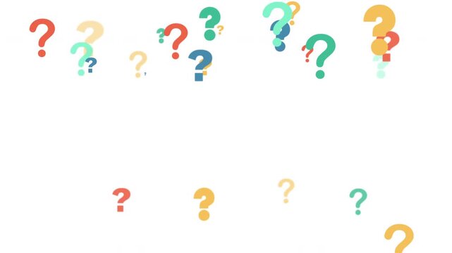 Colorful question marks loop animation on a white background. Seamless abstract background perfect for concepts of uncertainty, FAQ, searching for answers, and mystery