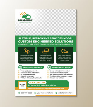 flexible, responsive services model custom engineered solutions flyer template. multicolor green and yellow element isolated on white background. infographic text and icon with space for photo
