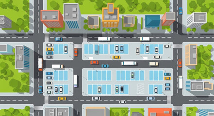 Aerial view of a busy city block with buildings and traffic. © Widi