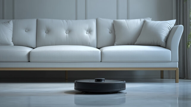 Modern black robotic vacuum cleaner moves across the polished white marble floor while performing automated household chores to maintain a clean living environment in a stylish home