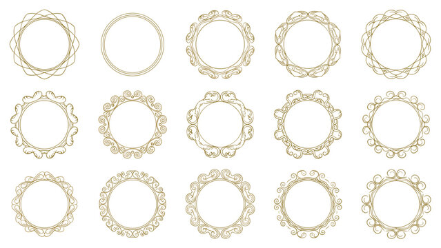 Collection of ornate circular frames and borders with intricate golden filigree designs for elegant labels or emblems.