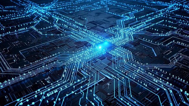 Circuit board with glowing blue lines symbolizing digital transformation and future innovation