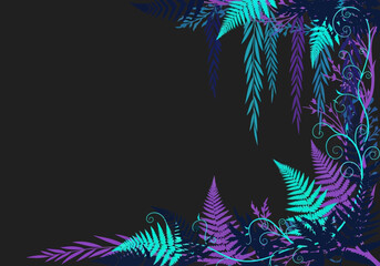 Vibrant Neon Botanical Fern Border on Dark Background with Copy Space - Synthwave Style Tropical Leaves Frame © iwan