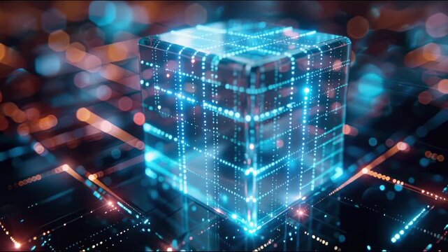 Futuristic Glowing Blockchain Cube Animation, Abstract Digital Technology Background, Seamless Loop, AI and Big Data Concept