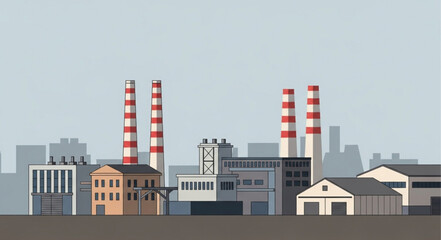 Obraz premium Industrial Factory Buildings With Tall Smokestacks Under A Cloudy Sky.