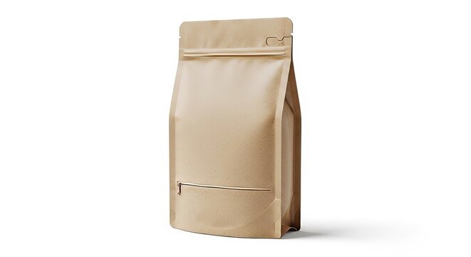 Blank kraft paper doy-pack coffee bag with zipper for product design mock-up isolated on white background.