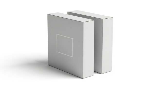 Two blank light gray cardboard boxes with embossed square outline, packaging mockups isolated on white.