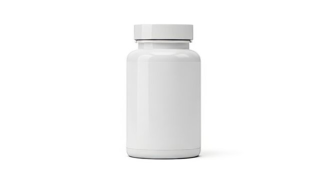 White plastic bottle with blank label and screw cap mockup on white background for product design.